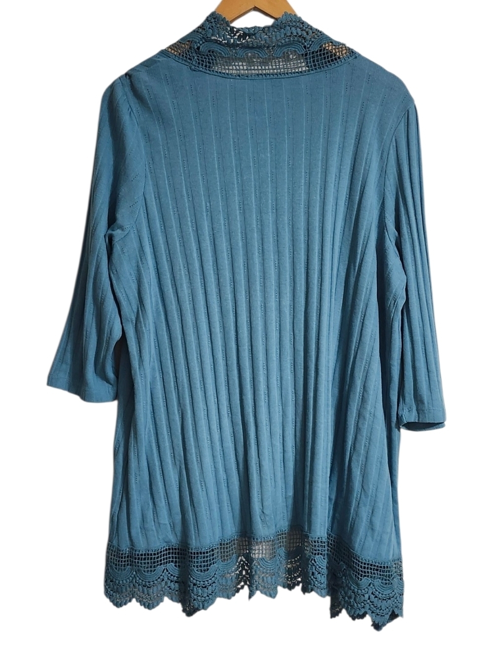 Roaman’s Teal Blue Lace Trim Open Front Cardigan Top Size L. - Picture 5 of 7